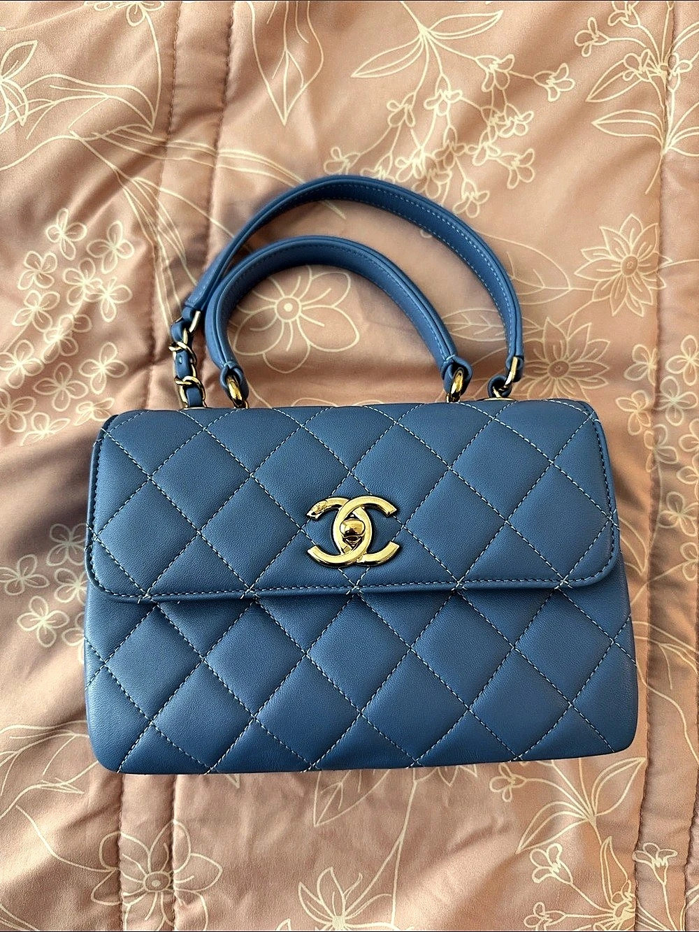 Authentic Chanel Quilted Handle Flap Bag Shoulder Bag in Blue w Champagne hardwa